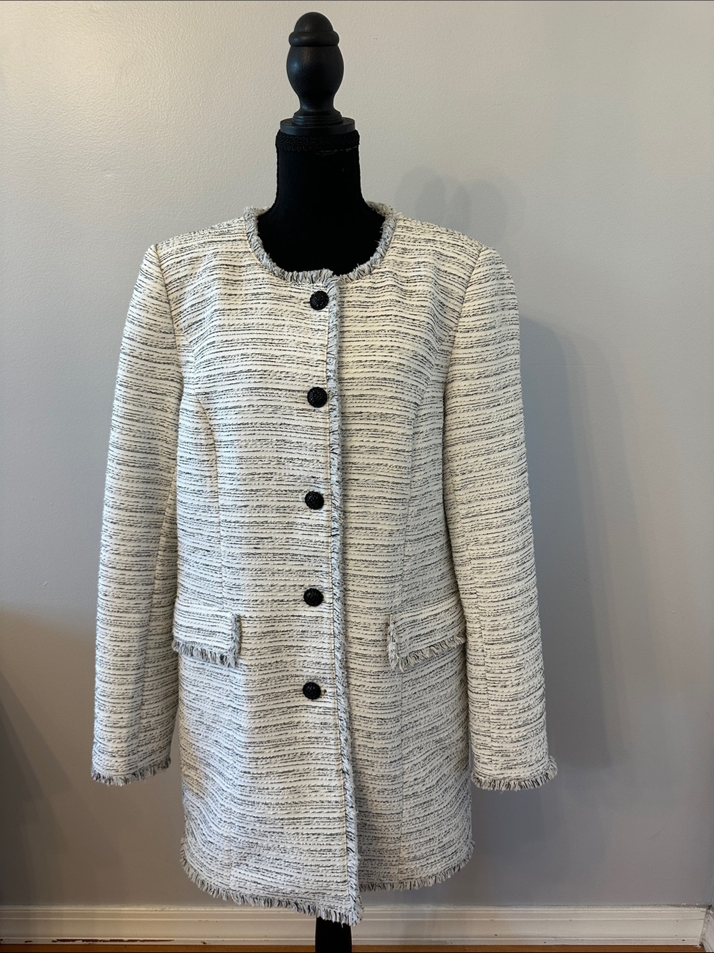 Karl Lagerfeld Ivory Tweed Women's Coat with Black Buttons